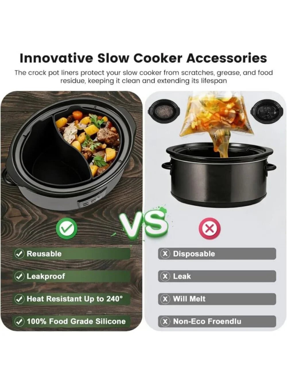 Reusable Silicone Slow Cooker Liners, 6-7 Quart Divider for Two Meals, BPA Free